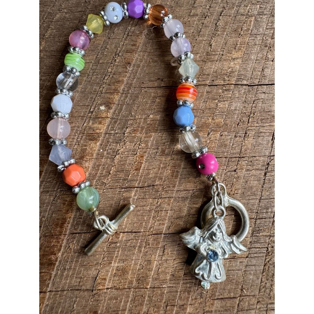 Vintage Guardian Angel Charm Bracelet w/Blue Stone & Toggle Clasp - 7"